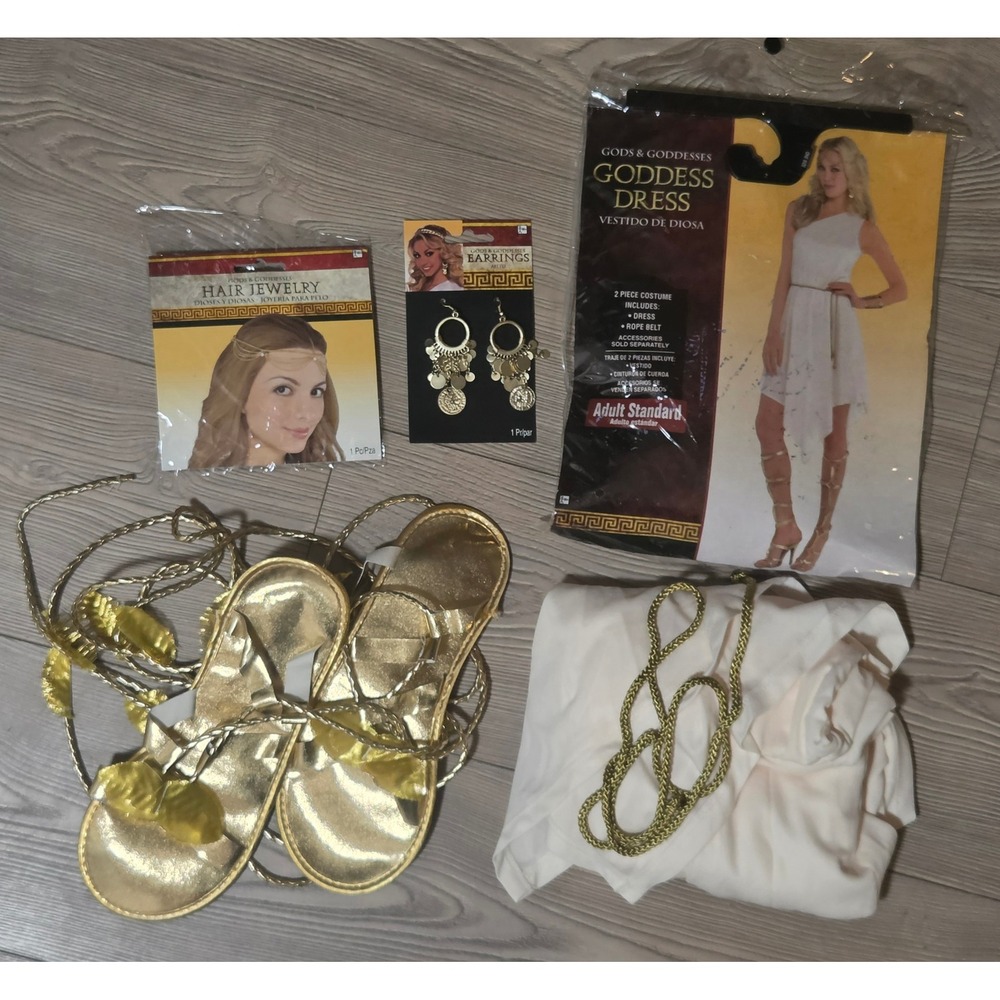 Egyptian Greece Goddess Costume Set Gold Sandals Earrings Hair Jewelry Adult Std